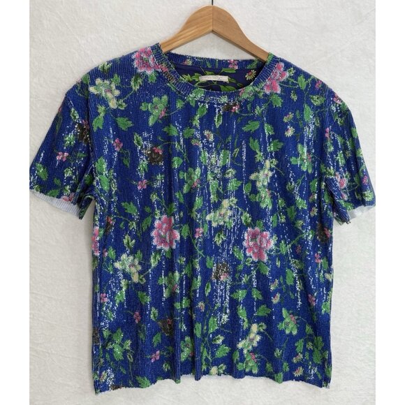 Zara Trafaluc Size Medium Blue Floral Sequin T-Shirt Blouse - Picture 6 of 8